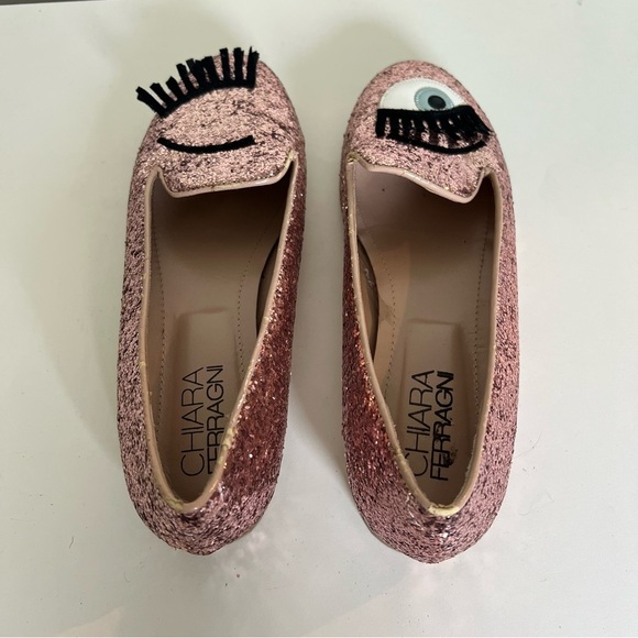 Chiara Ferragni Flirting Winking Eye Pink Glitter Ballet Flats Size 7 - Picture 3 of 11